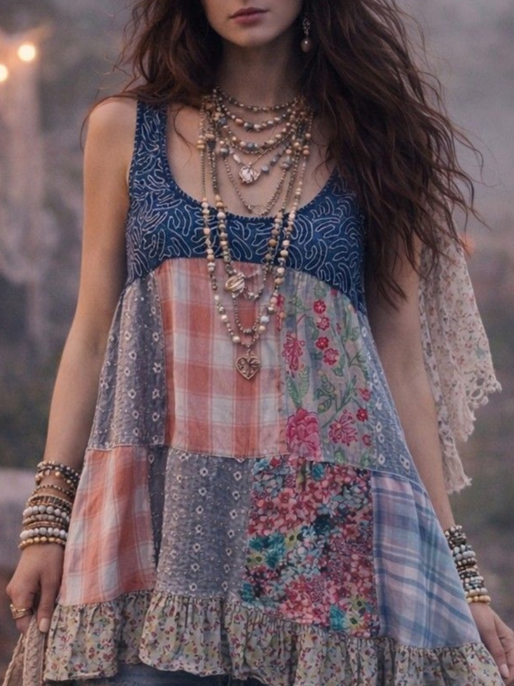 Boho Patchwork Ruffle-Hem Tank Top in Blue and Multicolor - Picture 2 of 3